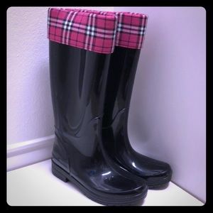 Cute Black Rain Boots with Hot Pink Plaid Trim